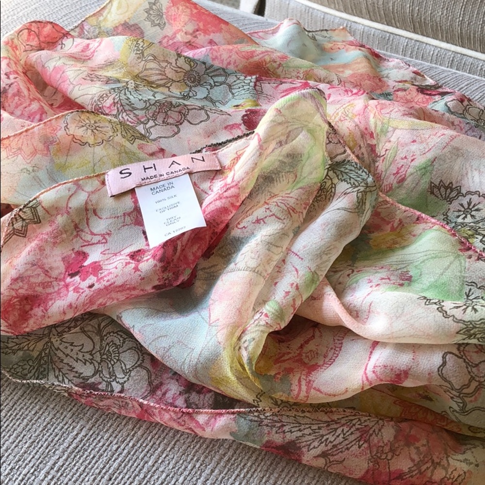 SHAN, scarf/swimwear silk coverup. 33” W x 34” L.
